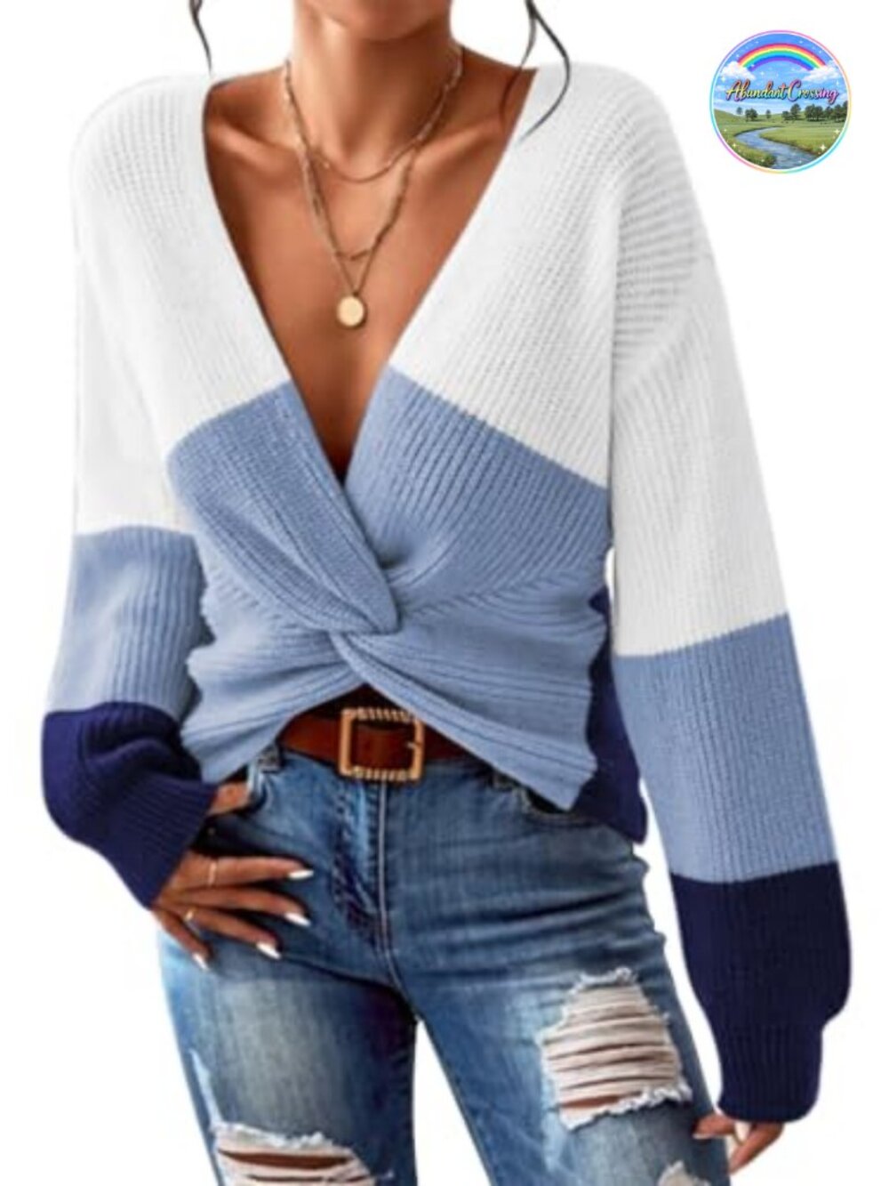 Women's Twist Front Cropped Knit Sweater Deep V Neck